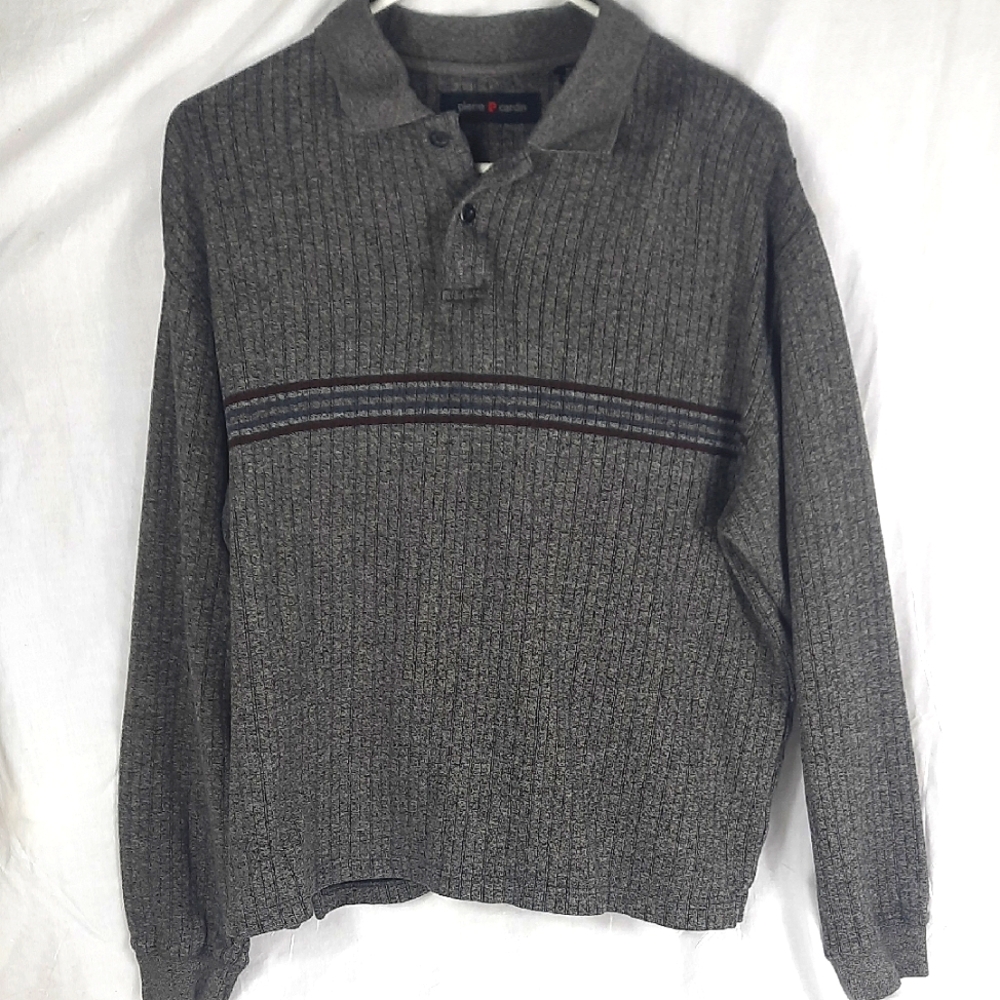Pierre Cardin Mens Sweater Polo Shirt Medium Gray Long Sleeve